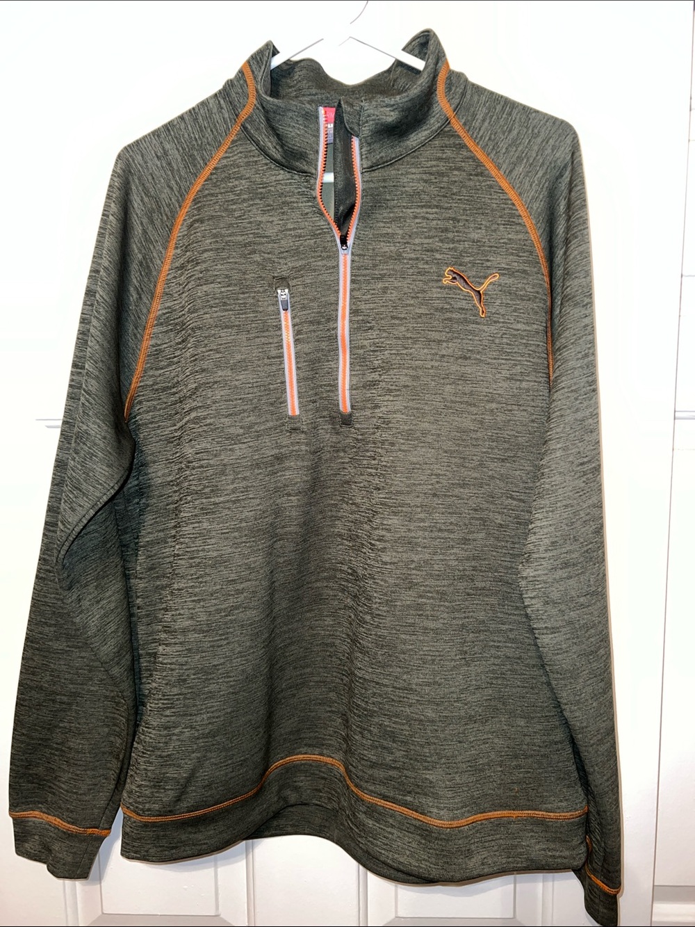 Puma Men’s Heather Green Half-Zip Sweater with Orange Trim